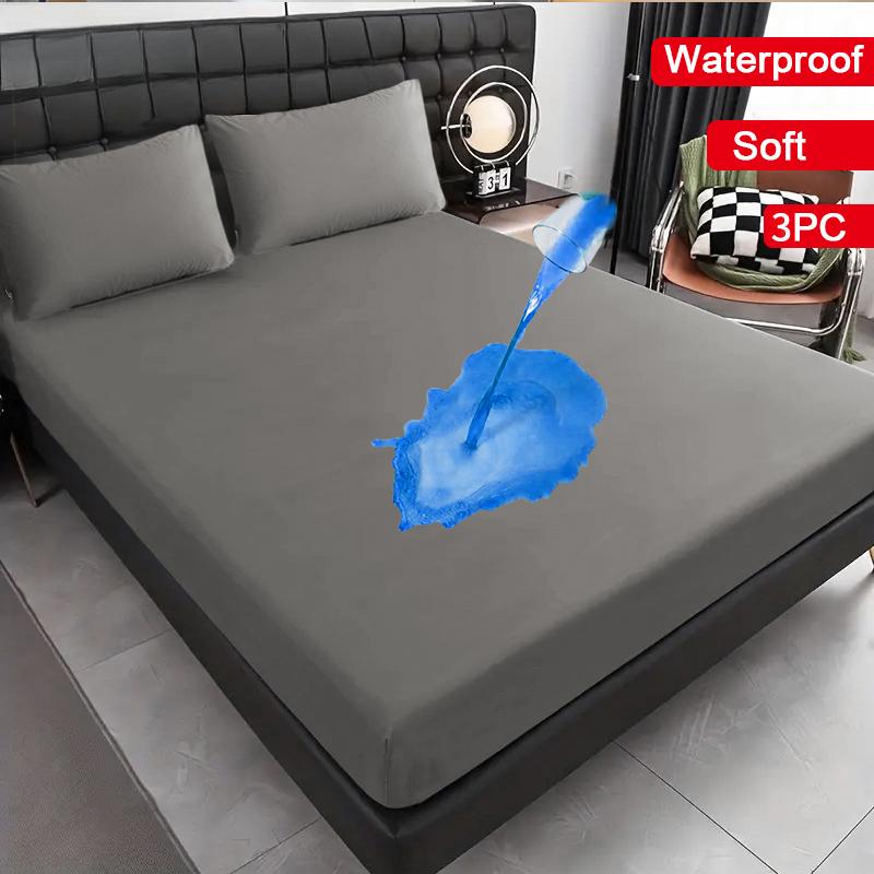 

3PC Waterproof Bed Sheet Set Solid Color Moisture-proof Dust-proof Non-slip Mattress Protector Soft Comfortable Bedding Set Deep Pocket Bed Sheet 90cm*200cm