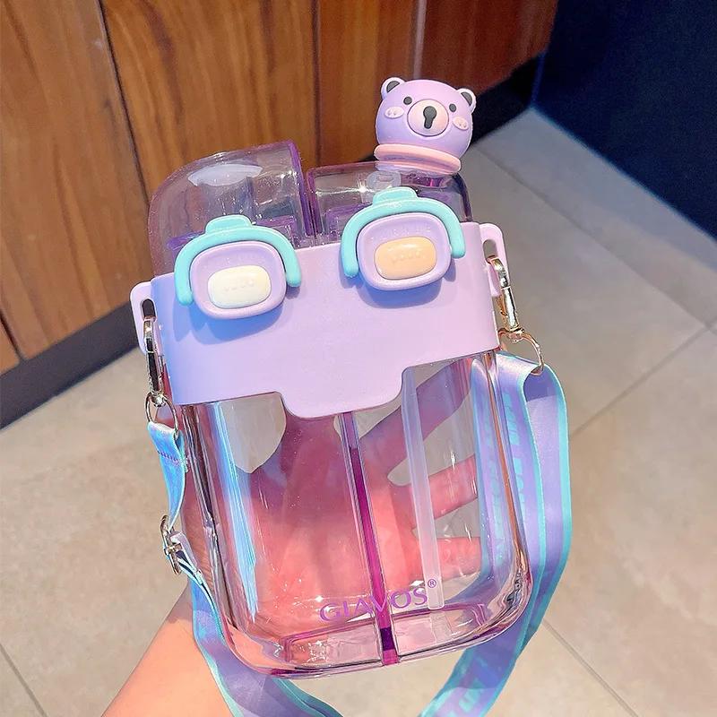 

Бутылка для питья, большая емкость, пластиковая соломенная чашка с двойным контейнером, детская портативная бутылка для воды с высокой красотой, мультяшный выход 530ml фиолетовый