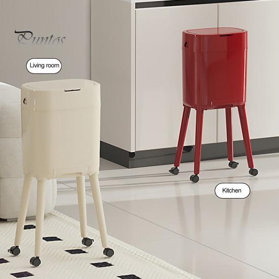 Kitchen Trash Can with Wheels Heightened Legs And Wheels, 16L Capacity Press On Lid Easy Clean Plastic Bin Garbage Bin, Retro Style Waste Container