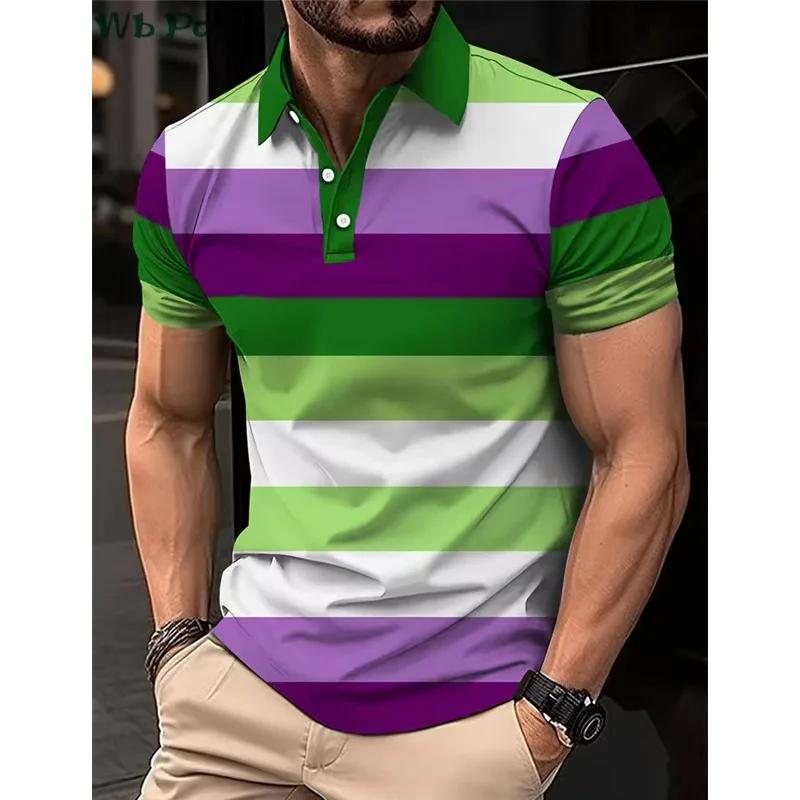 Striped Printed Men's Shirt, Men's Polo Street Men's Clothing, Loose Men's Polo Shirt