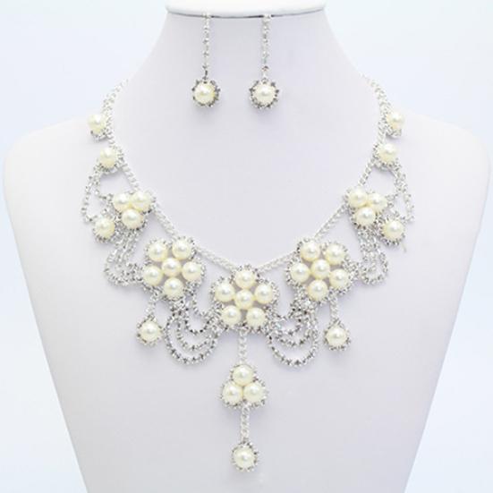 Kvinners luksus rhinestone faux perle kjede øredobber bryllup brude smykker sett