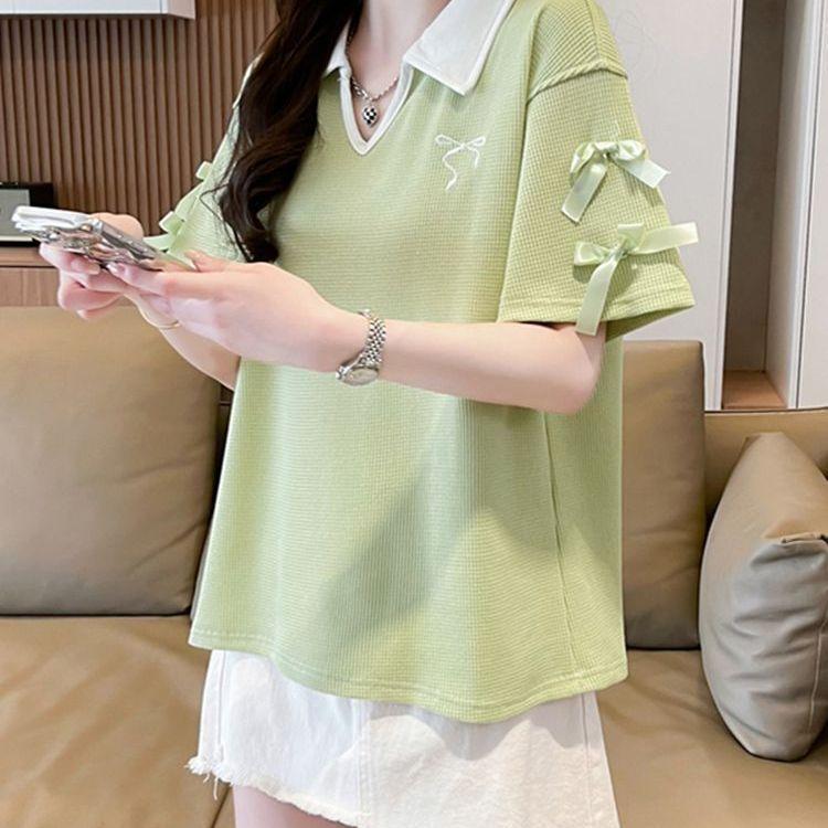 Large size fat mm waffle polo collar short-sleeved t-shirt women's summer new loose and thin bow top