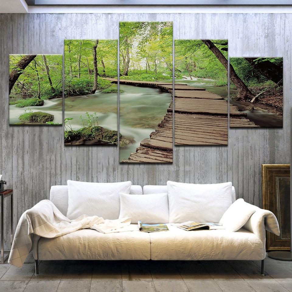 5 Panel HD Print Green Forest Wood Bridge Wall Posters Print On Canvas Art Painting For Home Living Room Decoration