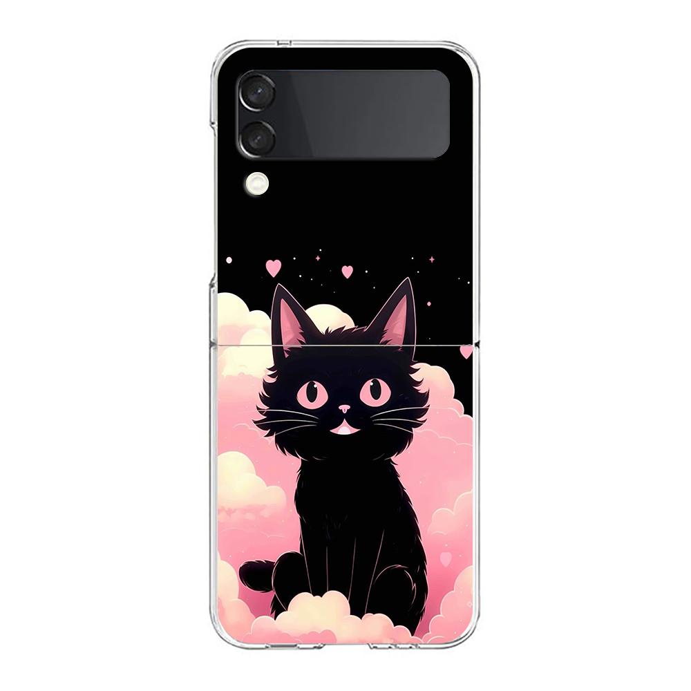 Phone Cover For Samsung Galaxy Z Flip 6 5 4 Case Transparent For Samsung Z Flip 3 Hard PC Foldable Bags Cartoon Black Cat Couple