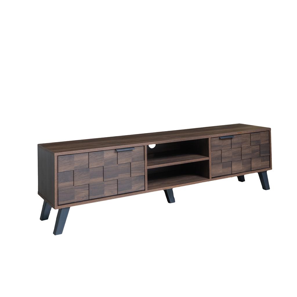 Mueble de TV moderno con 2 puertas y 2 compartimentos abiertos en veta de madera oscura – 160,5 x 35,5 x 45 cm