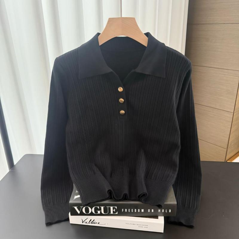 

PO-neck autumn wool knitted sweater knitted short thin lapel long-sleeved casual sweater women s versatile One size fits all [recommended 80-60kg]