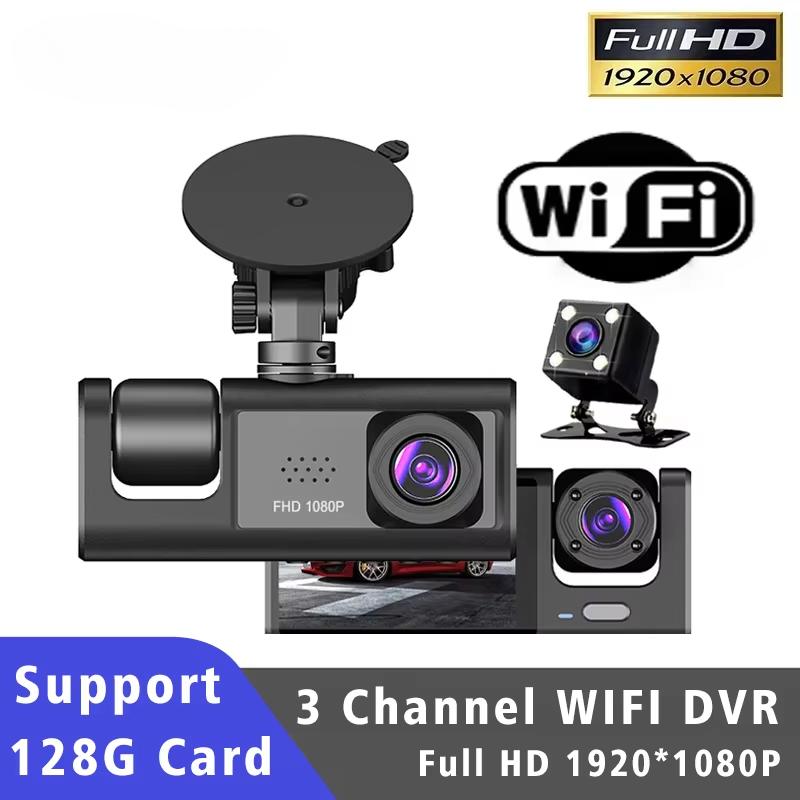 WiFi 3 canali DVR per auto Tridirezionale Dash Cam Telecamera interna per veicoli DVR Registratore Video FHD 1080P Mini Registratore Dashcam Camcorder