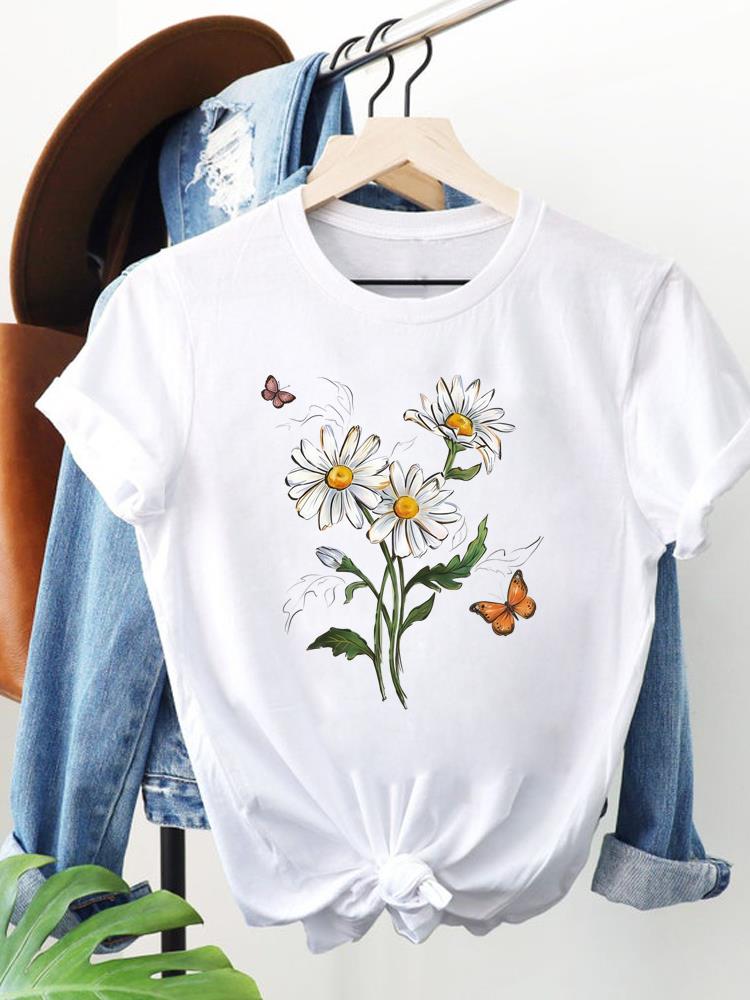 (Asian Size) Trend Flower Lovely Clothing Women Fashion Print Short Sleeve Tee Top Female T Shirt Woman Graphic T-shirts
