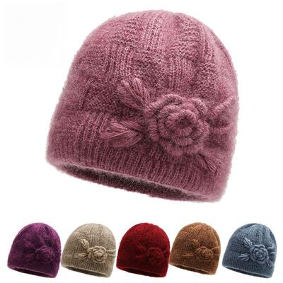 New Fashionable Ins Flower Knitted Hat with Velvet Warmth Mom Grandma Hat