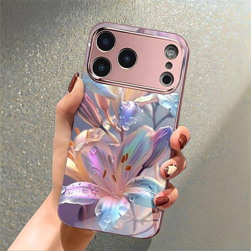 Colorful Lily Pattern Metallic Tempered Glass Phone Case For iPhone 17 16 15 14 13 12 11 Pro Max 15 Plus 17 Air 17E Cover