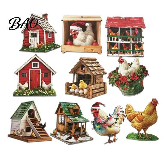 Decorative Wood Gift Tags 10/20/30Pcs 2D Flat Farmhouse Chicken Wooden Hanging Ornament, Rooster Hen Coop Barn Rustic Craft Ornaments Farm Pendants
