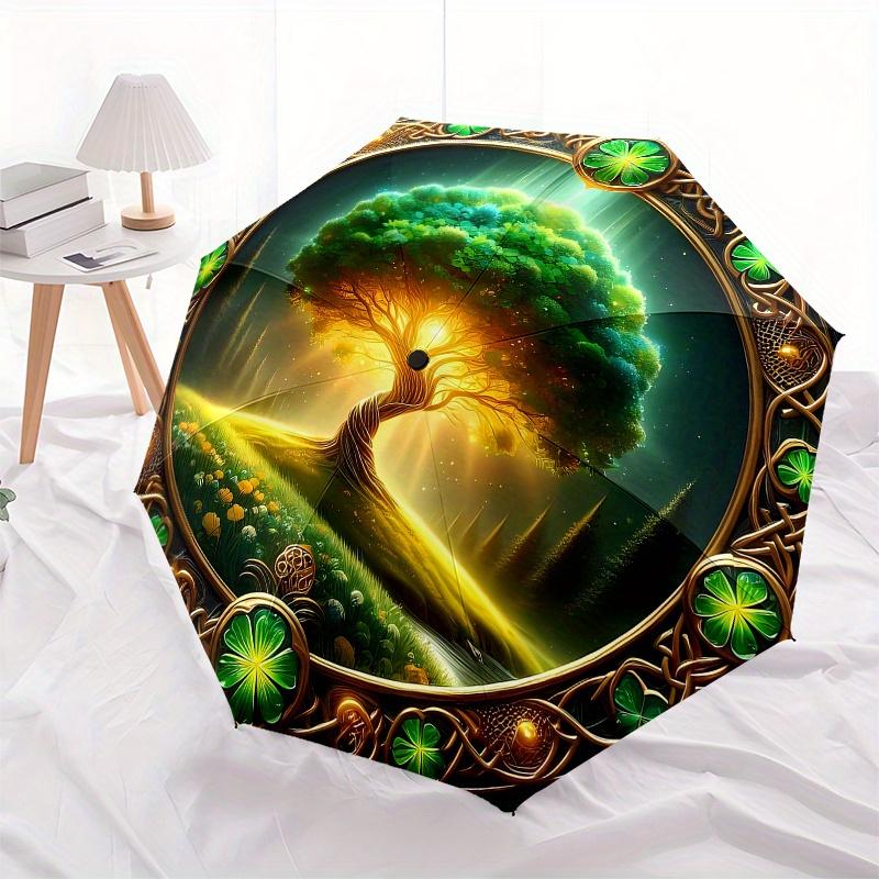 Four-Leaf Clover Framed Art Print: Nature's Luck Symbol Umbrella, Cute Umbrella with Cute Design, Portable 3-Fold Compact Umbrella for Men & Women, Va