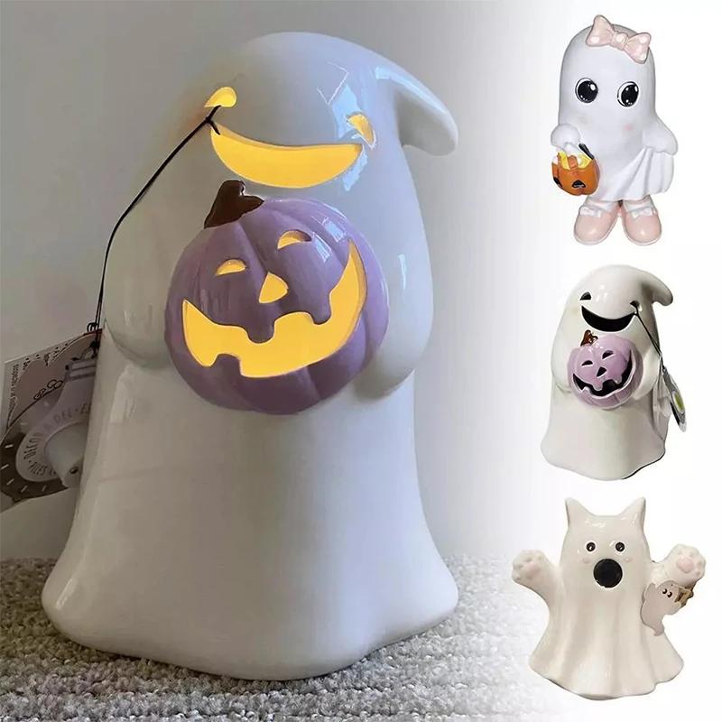 Bootiful Resin Ghost Halloween Decorative Figurine Target Spooky Small Ornament Holding Pumpkin and Bat Halloween Decoration