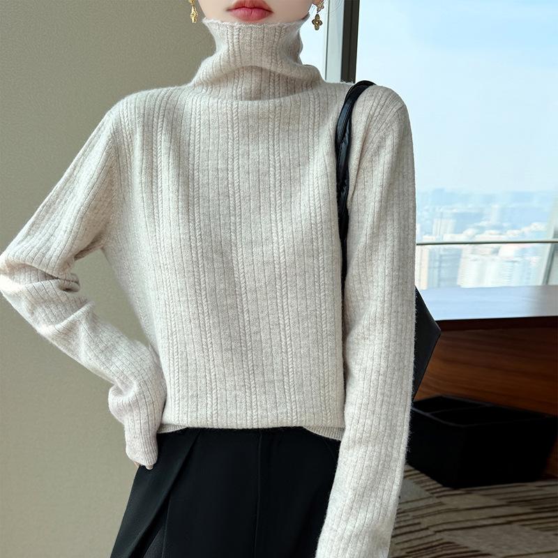 Women's Pure Wool Ribbed Turtleneck Sweater - Autumn/Winter Versatile Commuter Base Layer