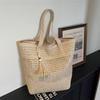 Woven Straw Tote with Tassel Accent and Spacious Interior for Summer Beach or Casual Daily Use