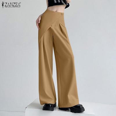 Pantalones Casuales de Color Sólido Sueltos de Cintura Elástica Pierna Ancha para Mujer