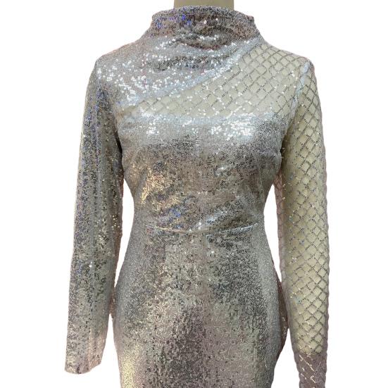 Women's Sexy Sequin Dress Shiny High Neck Floor Length Prom Dress Slim Fit Long Sleeve Hollow Out Evening Dress