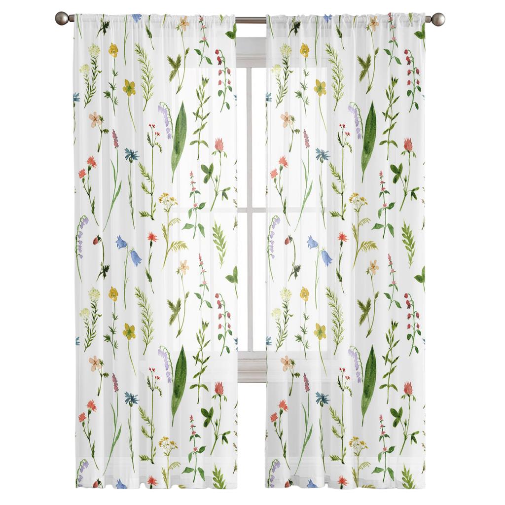 Watercolor Painting Flowers Leaves Tulle Curtains For Living Room Sheer Curtain Bedroom Voile Decorative Window Treatments