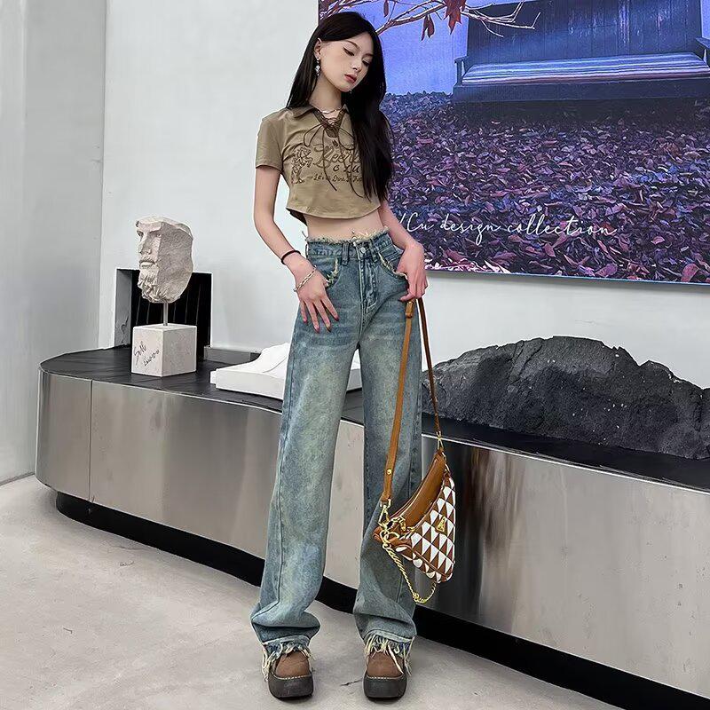 Women's High-Waisted Retro Wide-Leg Jeans, Floor-Length Frayed Straight-Leg, Spring/Autumn 2024.
