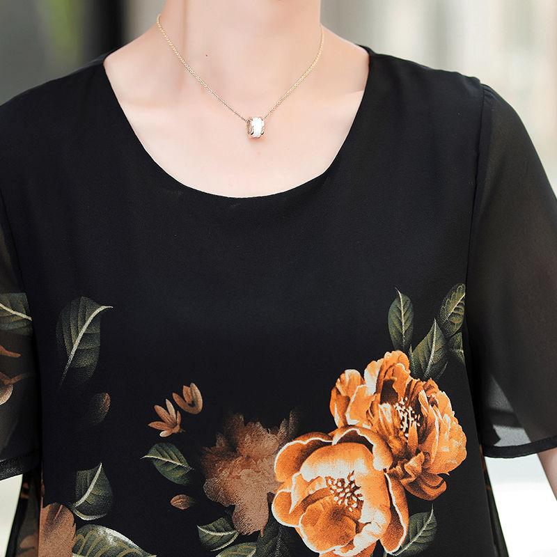 Plus Size Fashion Mother Summer Chiffon Print Top Skirt Pants Suit Short-Sleeved Middle-Aged and Elderly Women Two-Piece Sets