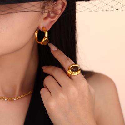 Retro C-förmige Tigerauge Stein Ohrringe & Offener Ring Set, Edelstahl PVD galvanisierter Schmuck