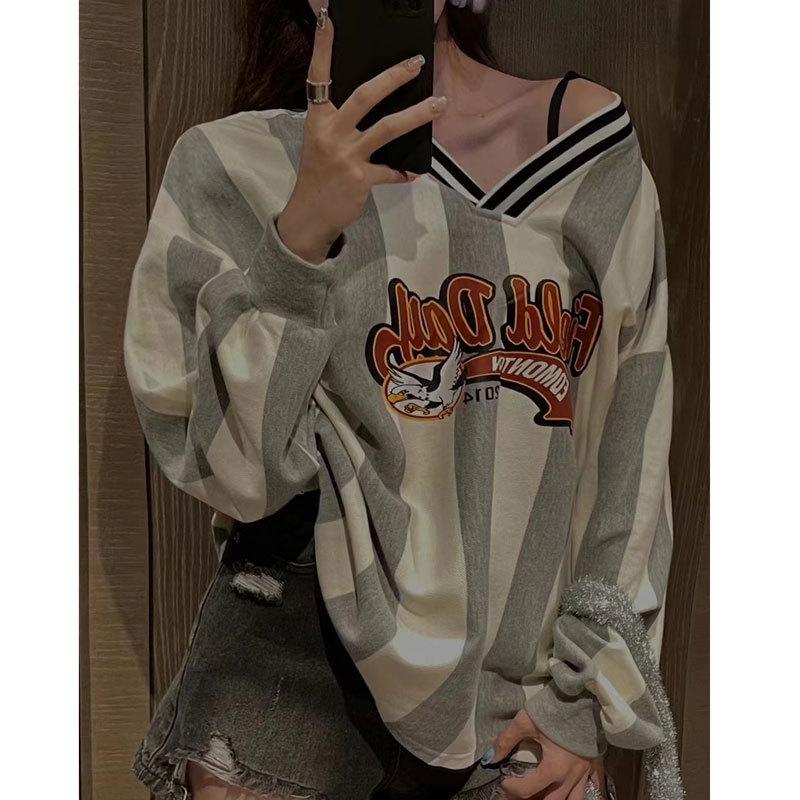 

Женский весенний 2025 свитшот свободного кроя с длинными рукавами, V-образным вырезом, полосатым колорблоком - спортивный повседневный топ средней длины L (suggested for 110-135 lbs) серый