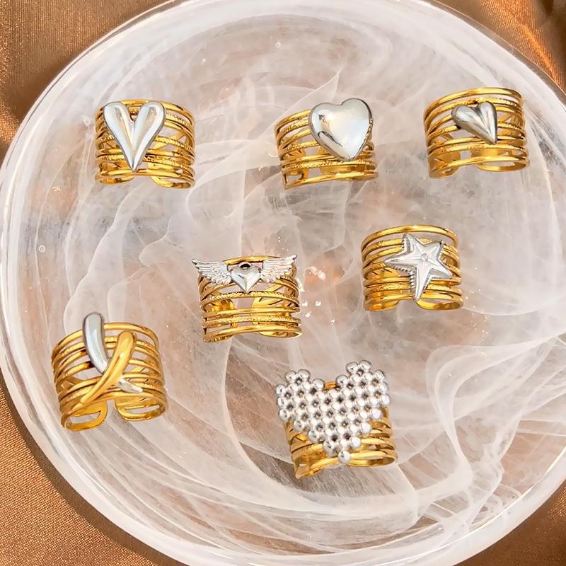 Stainless Steel Angel Wing Ring Unisex Color Block Heart Star Multi-layer Stackable Open Ring Punk Wide Non-fade Hand Jewelry