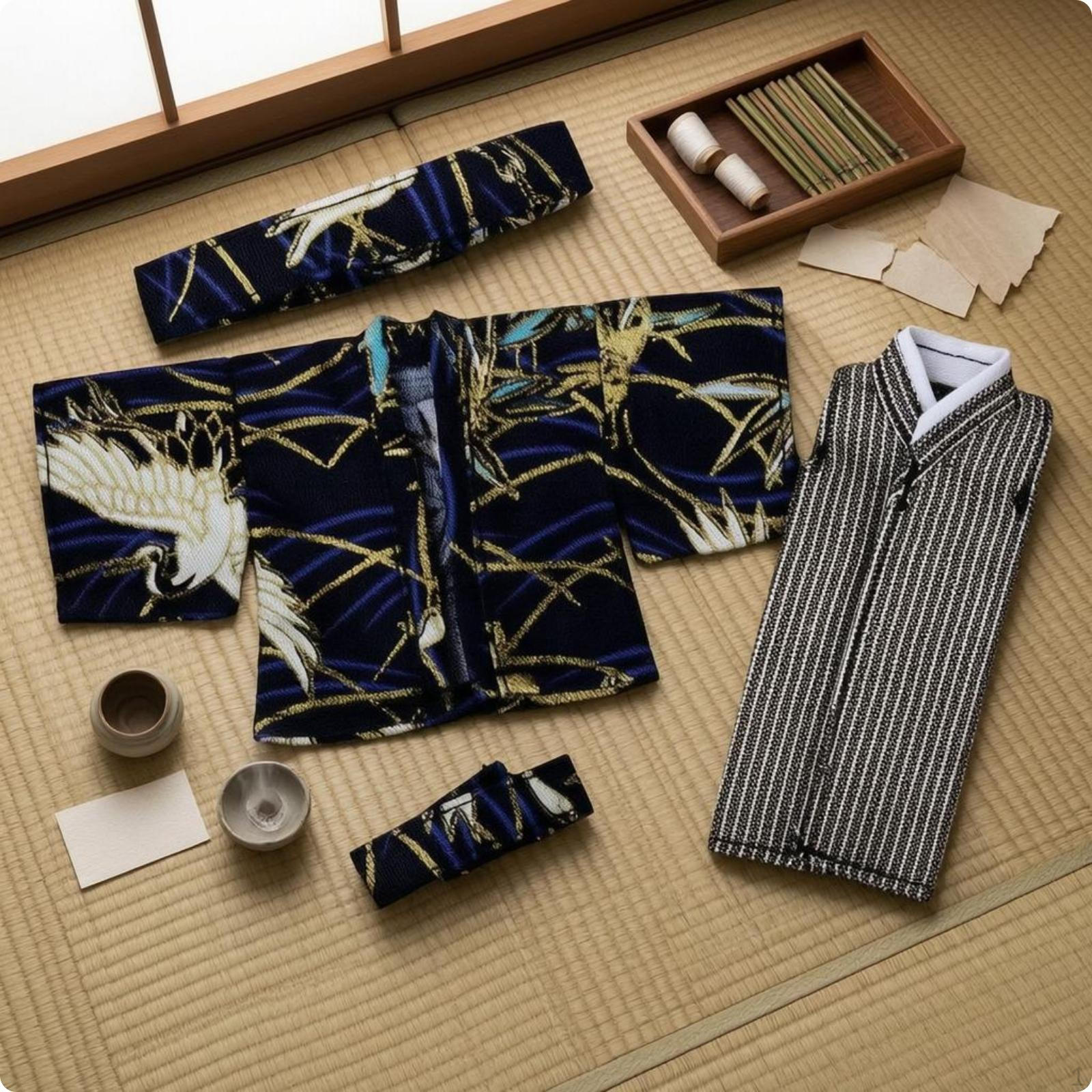 Japanese Doll Clothes Set Traditional Style Kimono Wide Sleeves Toy Clothing Navy Blue Navy Blue