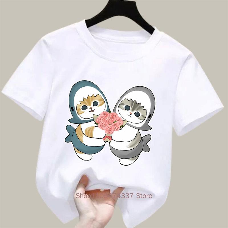 Cute Shark Cat Print Tshirts For Girls Summer Children Casual Kawaii Colorful Comfortable Tops Kids Oneck Short Sleeve Tees