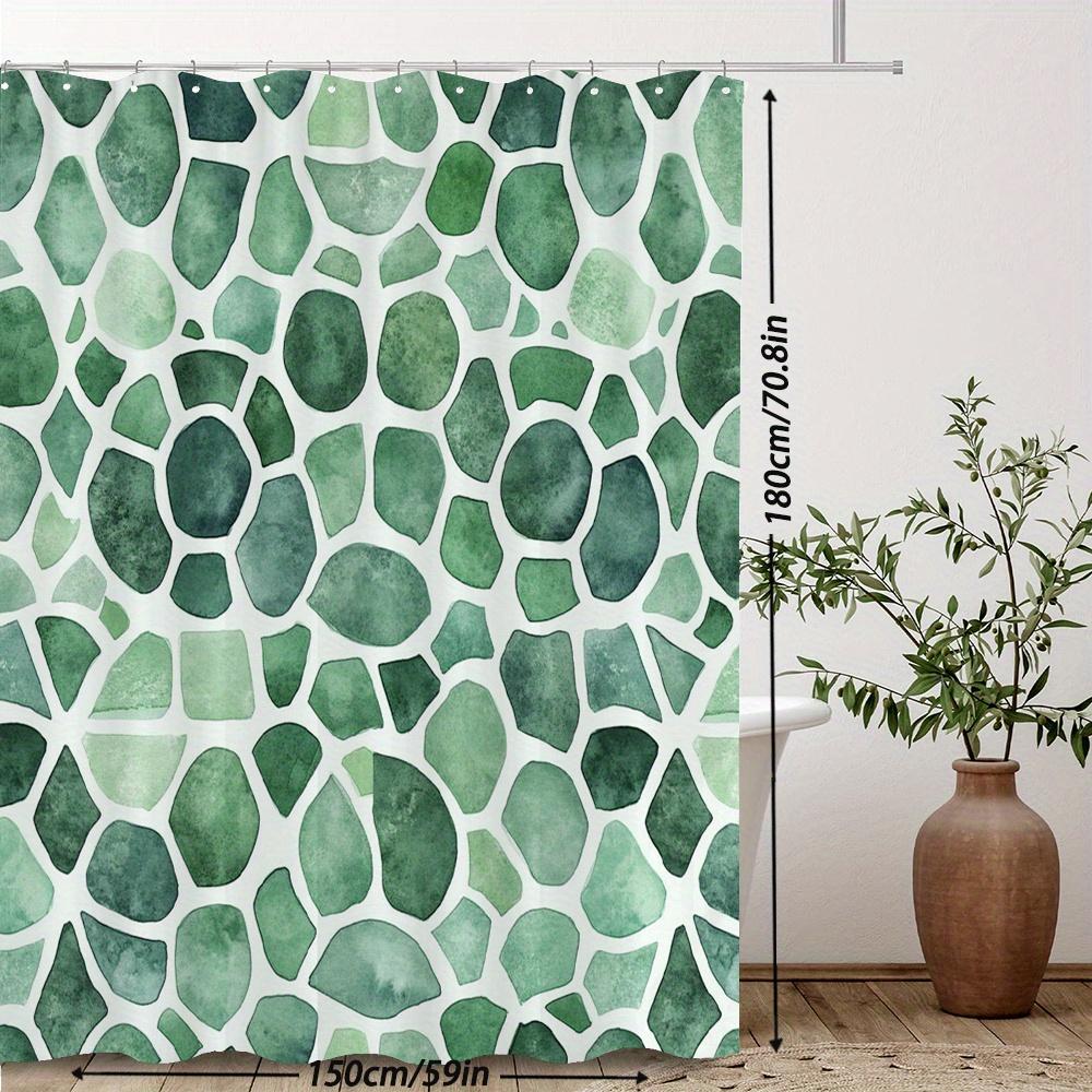 Watercolor Green Mosaic Shower Curtain – Abstract Tile Pattern, 12 Hooks, 70.8×70.8 In, Polyester, Machine Washable