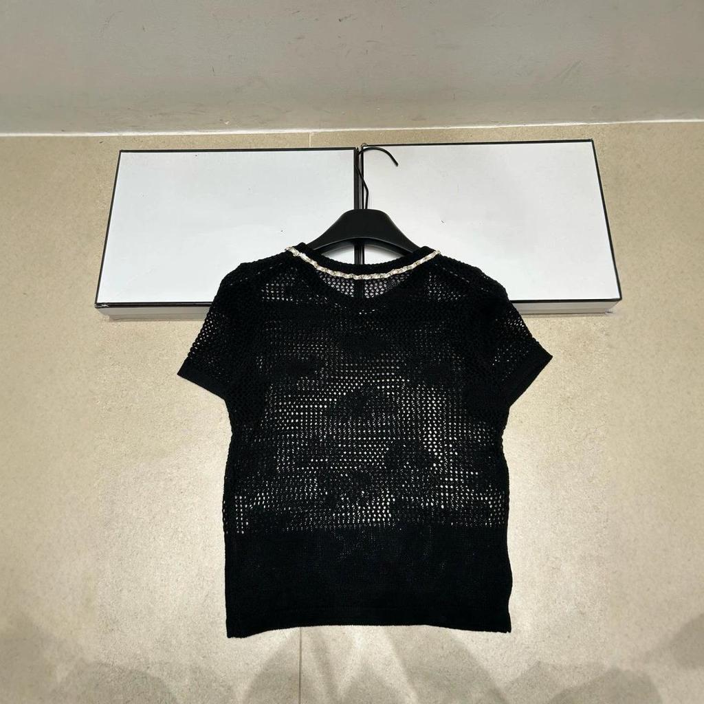 Fragrant Bow Jacquard Knit Hollow Short Sleeve Top