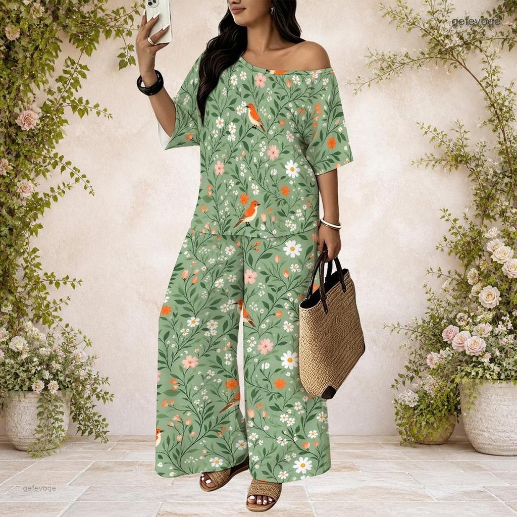 Women Plus Size Two Piece Suit Batwing Sleeve Top Loose Long Pants