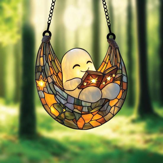 Halloween Acrylic Suncatcher Adorable Ghost Reading Book Pendant Black Cat Teacup Spooky Window Hanging Decoration for Home Parties Festivals