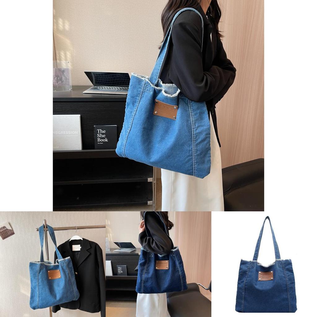 New Korean Style Denim Bag Women Harajuku Lazy Fashion Large Capacity Shoulder Bag Japanese Casual College Student Backpack Street Trend Deep Blue