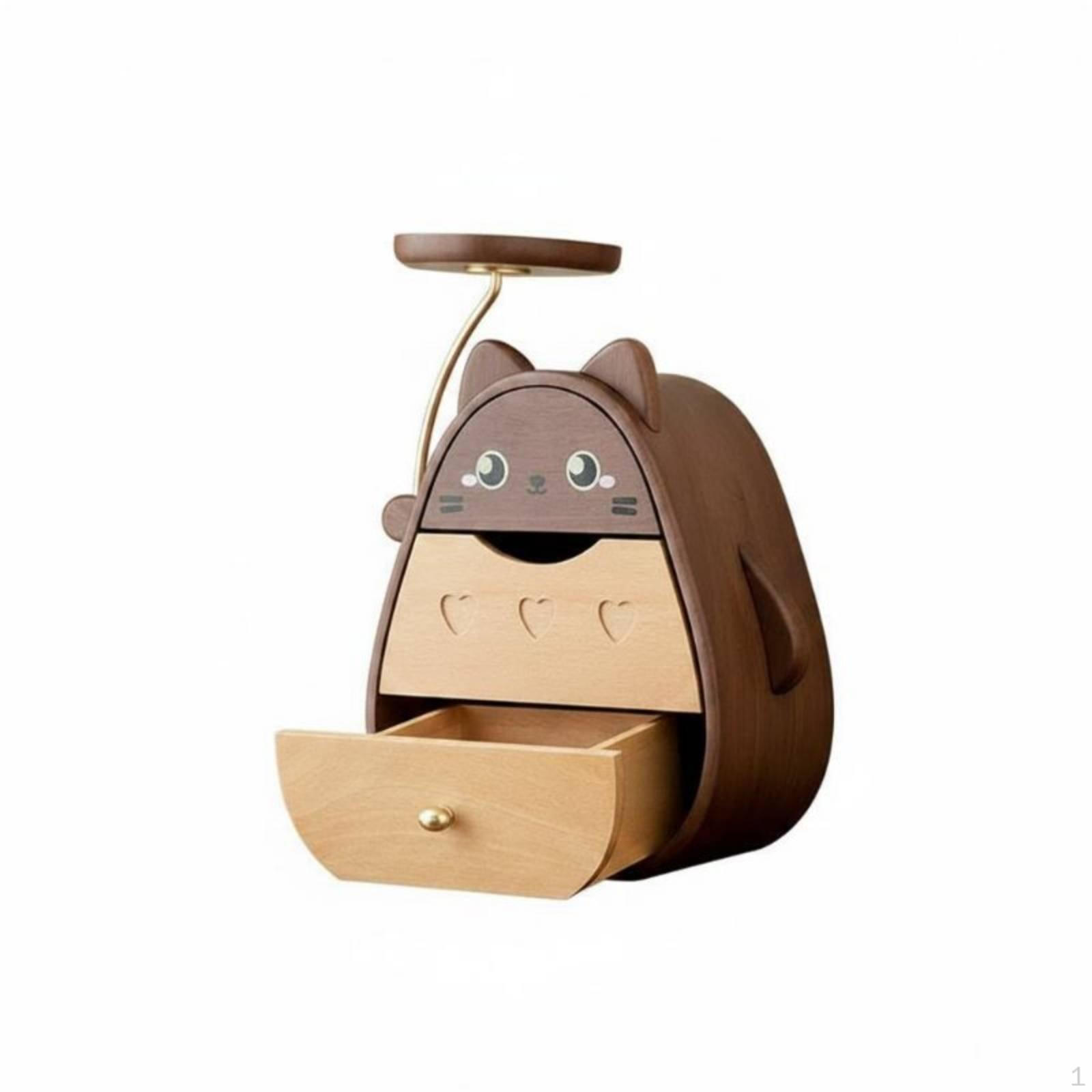 Wooden Desktop Organizer MultiLayer Drawers Cat Shaped Storage Box Wood Cartoon Drawer with Tray Cat Storage Box