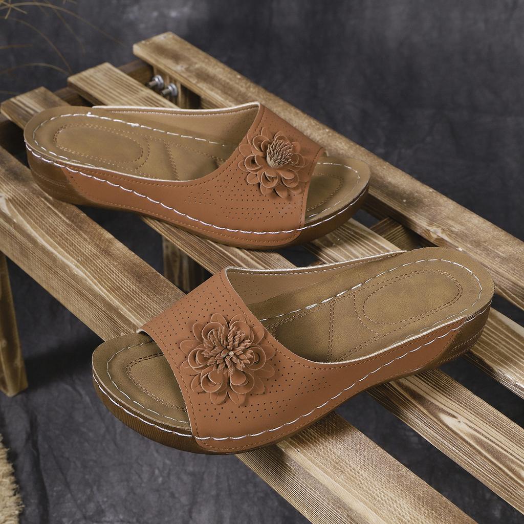 South East Asia Large Size Thick Bottom Hollow One-Word Slippers Open-toed Flower Slope Heel Beach Cool Slippers