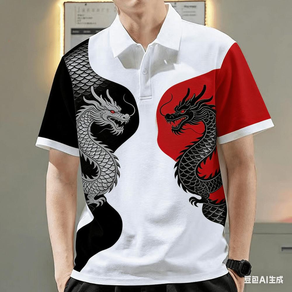 

Men s Chinese Loong Polo Shirt Men s Red Top Casual Short Sleeve Polo Shirt S