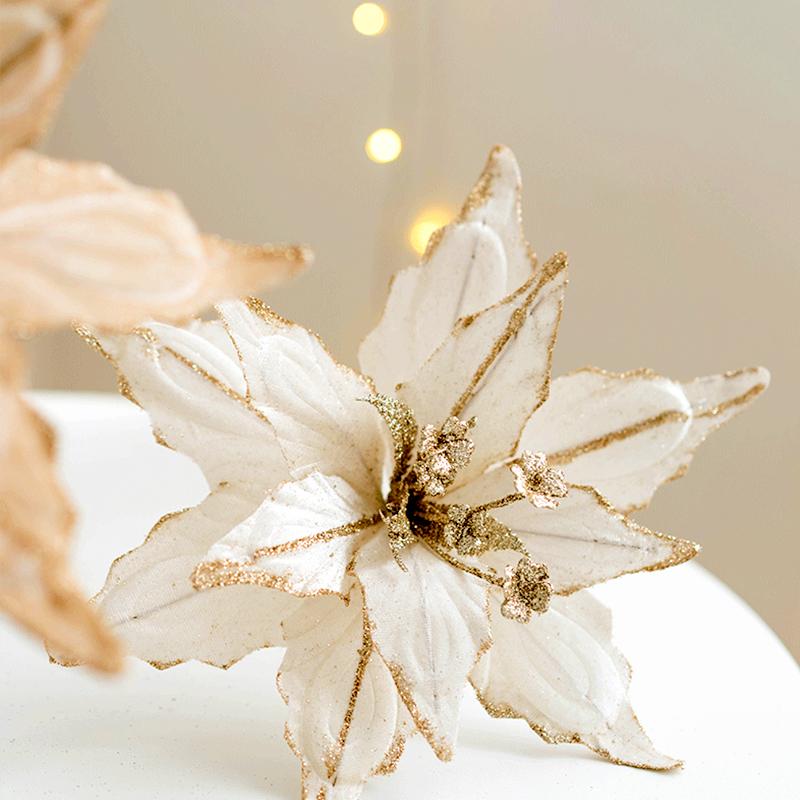 1PC Poinsettia Flower Decorative Home Decor Realistic Christmas Beautiful Shimmering Powder Glitter