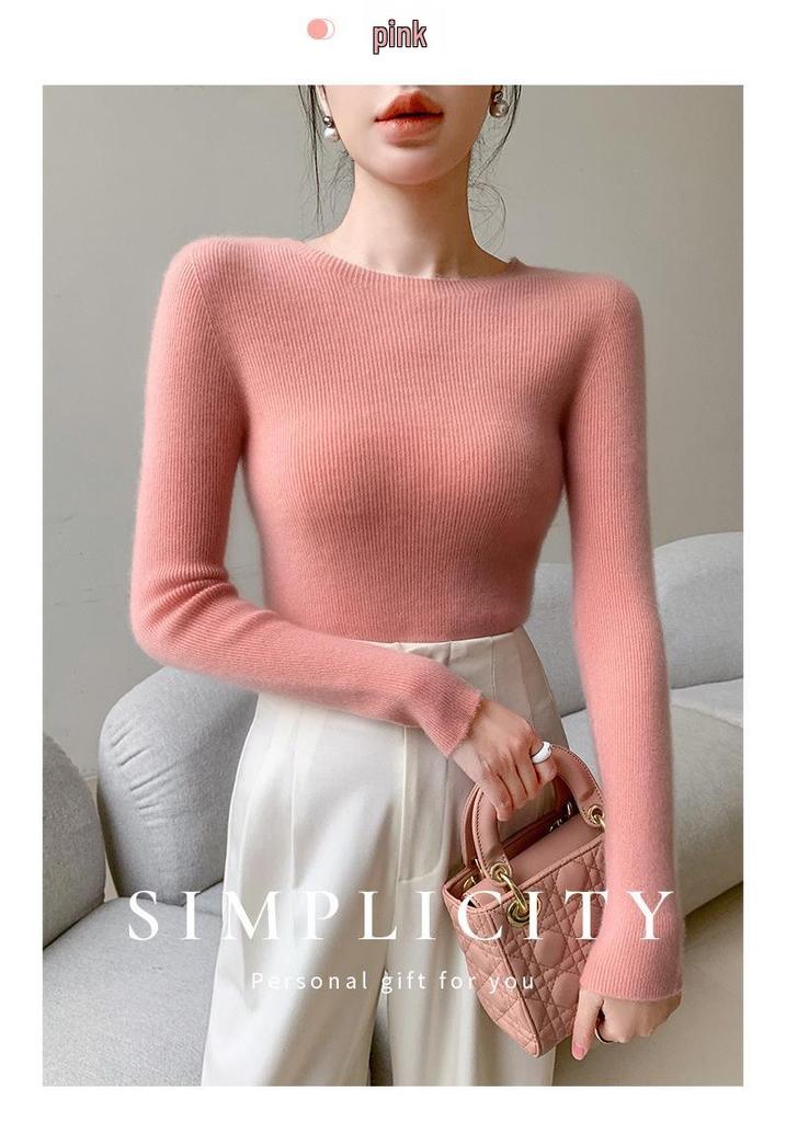 Women's Slim Fit Seamless Wool Base Layer Top - Elegant Ribbed Solid Color