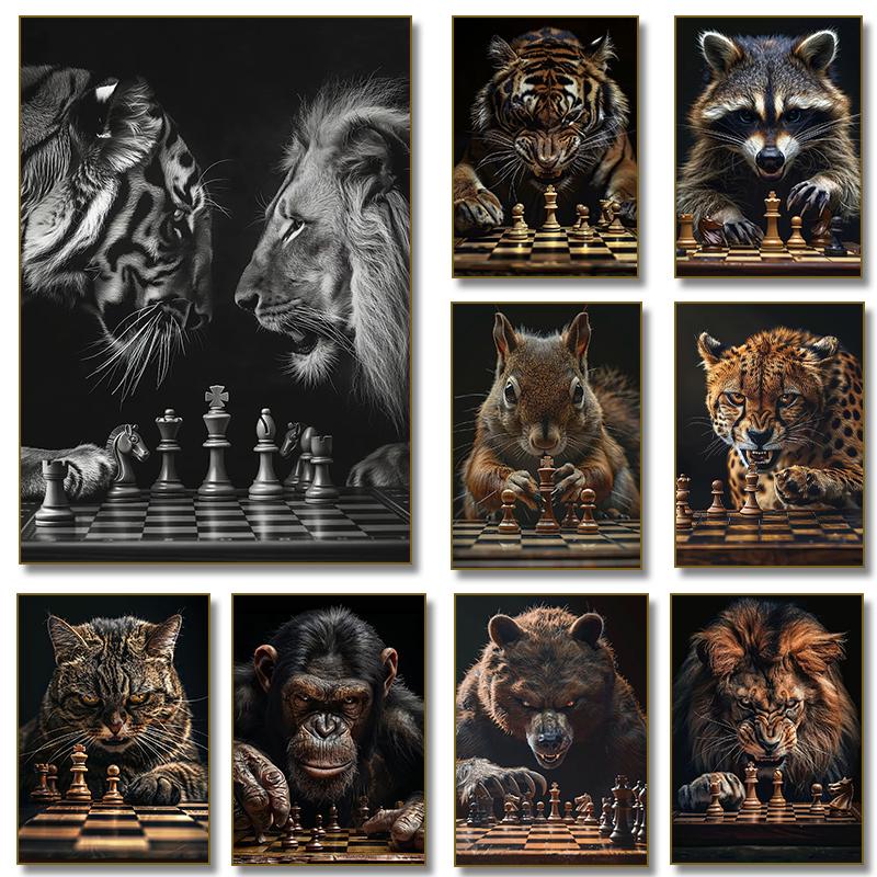 Tiger Vs Lion Chess Raccoon Chimpanzee Bear Leopard Canvas Painting Poster Print Motivational Wall Art Pictures Room Home Decor