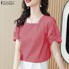 ZANZEA Women Square Collar Short Sleeve Casual Grid Print Blouse