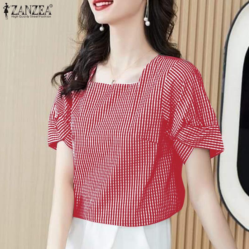 ZANZEA Women Square Collar Short Sleeve Casual Grid Print Blouse