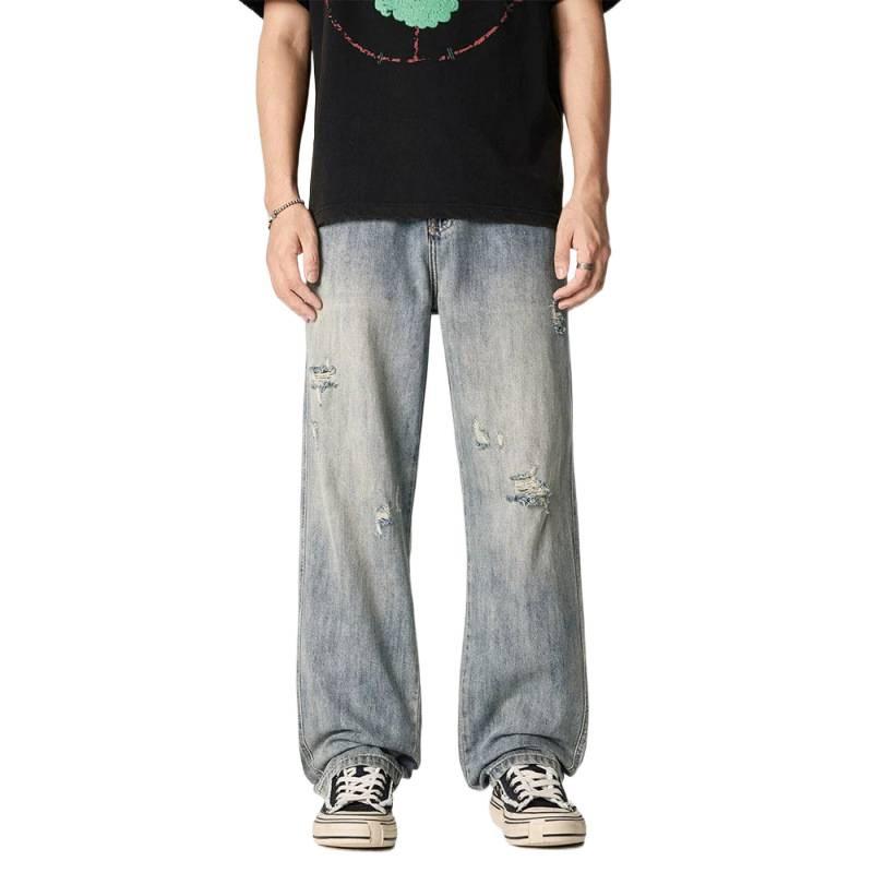 American retro ripped washed straight jeans men's street hip hop trend youth loose and versatile wide-leg trousers