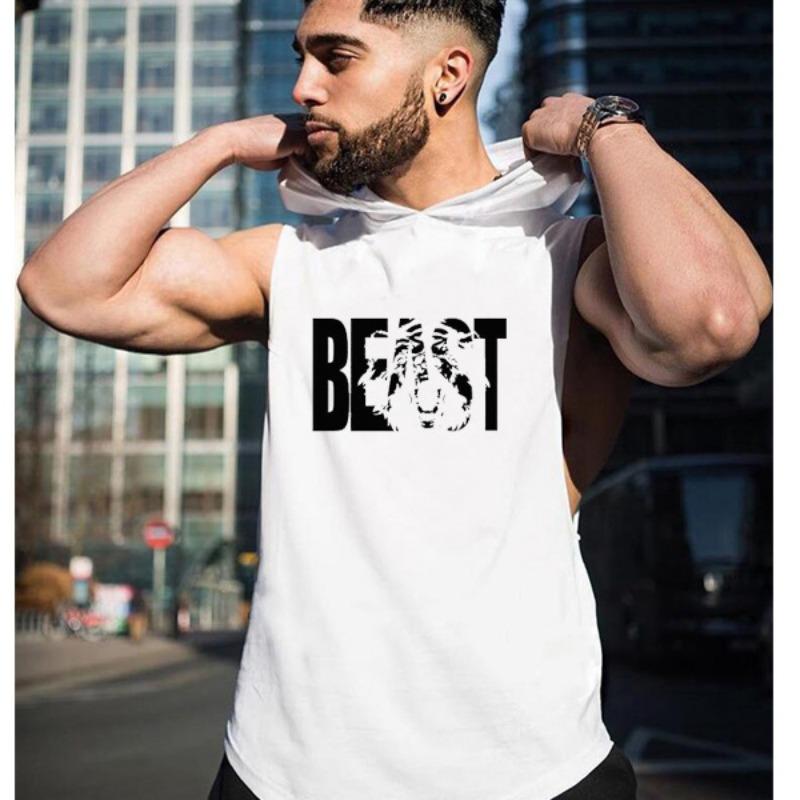 Men's Bodybuilding Fitness Sports Vest Hooded Sleeveless T-shirt Five-star Stitching Loose Large Size