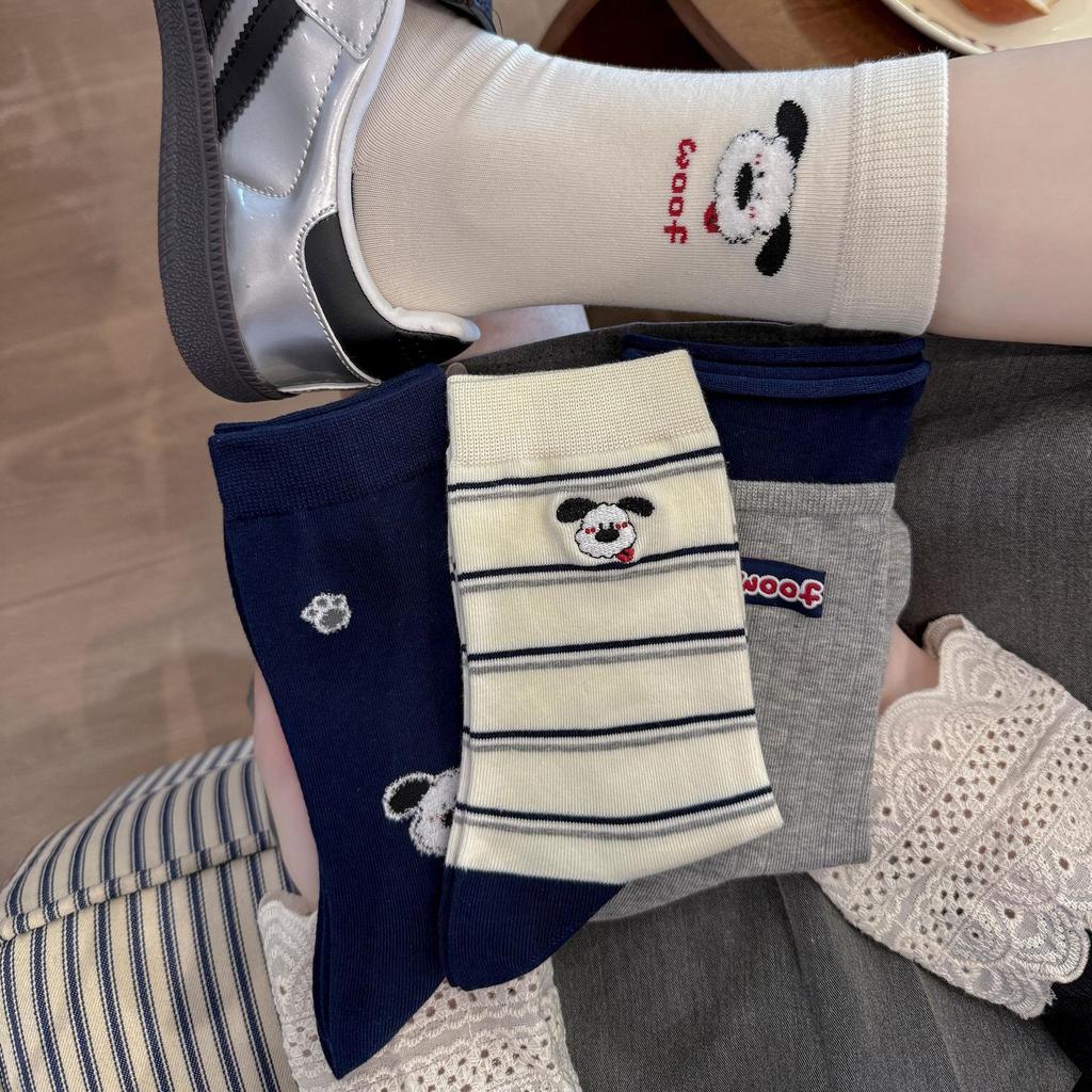 Socks Girls Autumn Cute Dog Healing Striped Mid-Tube Socks Piled Up Socks Preppy Style Long Socks