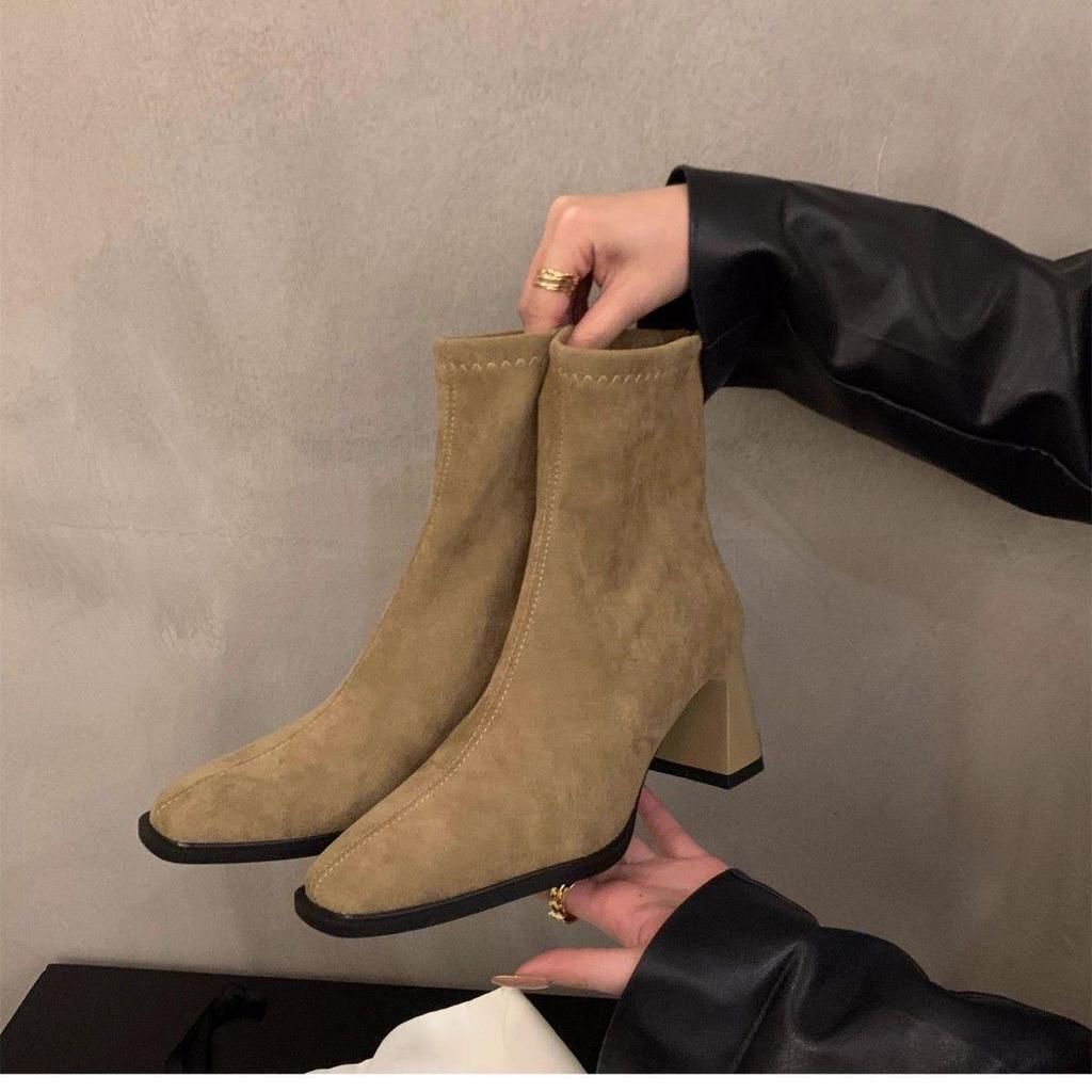 2025 Korean Style Suede Ankle Boots: Women's High Heel, Square Toe, Velvet Lined, Autumn/Winter Slimming Martin Boots