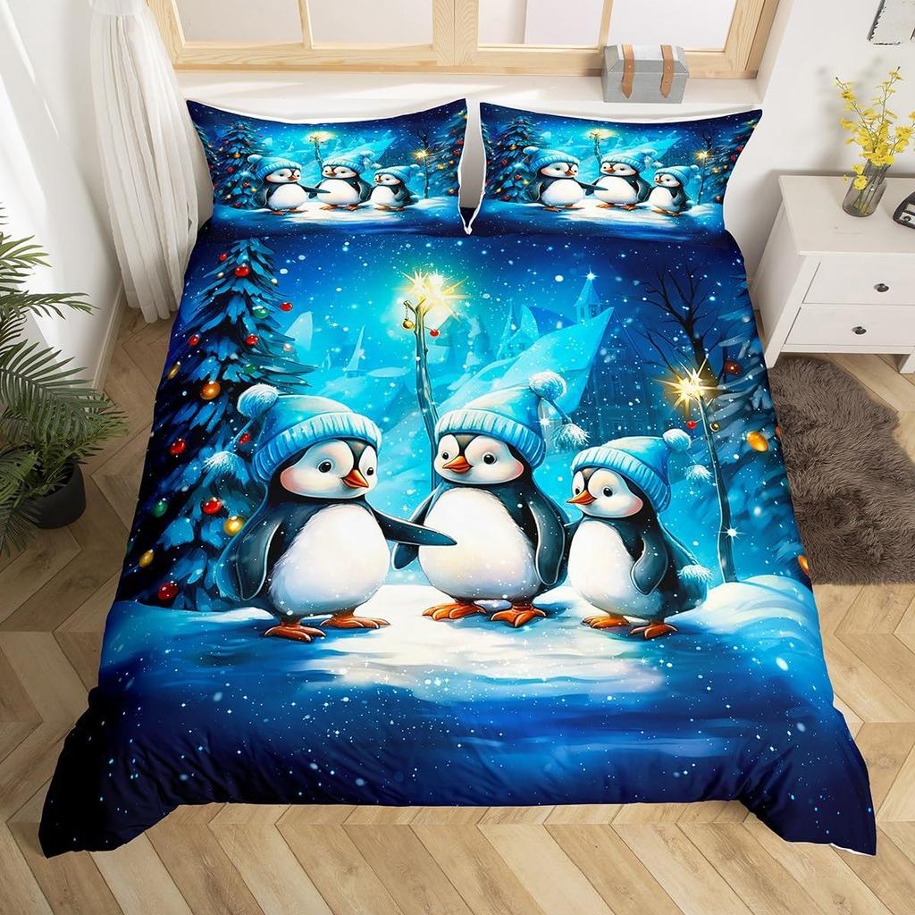 Cartoon Penguin Duvet Cover Full King for Girls Boys New  Gift Christmas Theme Bedding Set Christmas Tree Comforter Cover