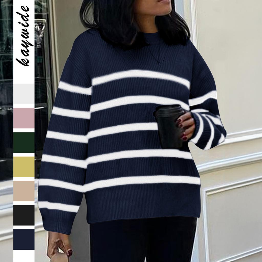 Lässiger gestreifter Wollpullover mit langen Ärmeln für Damen 2025 Herbst und Winter
