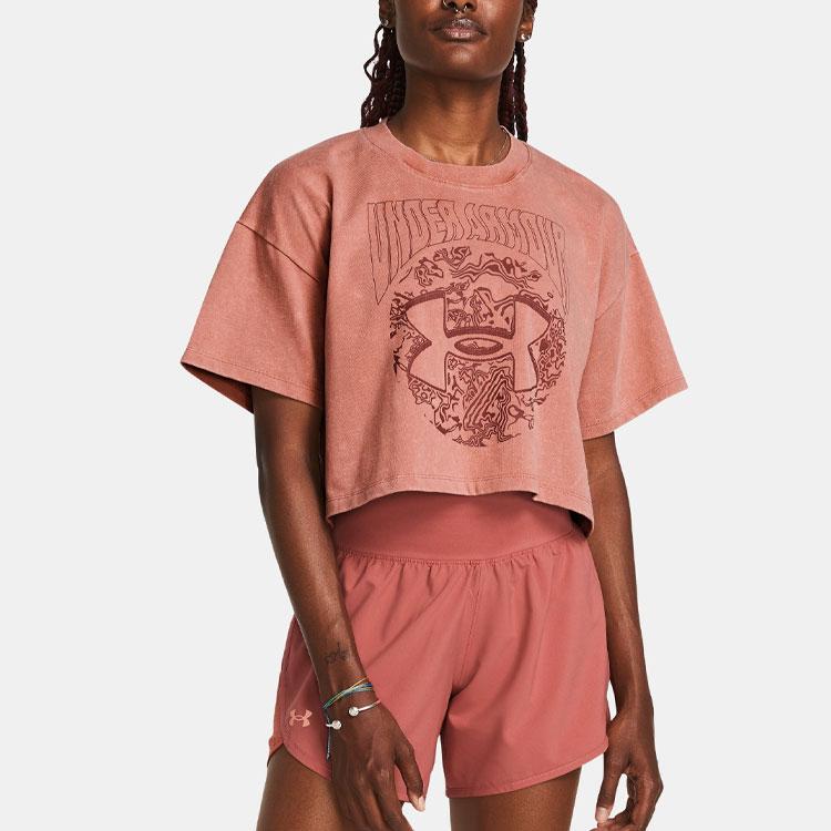 Under Armour Letter Print Pattern Ribbed Round Neck Short Sleeve T-Shirt Women Tops Canyon-Pink 1383048-696