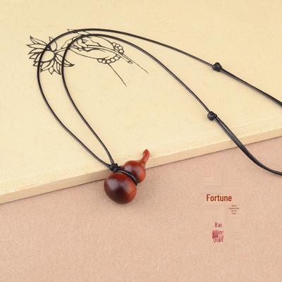 Vintage Rosewood Gourd Pendant Necklace with Leather Woven Chain - New Chinese Style Sweater Accessory